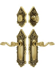 Grandeur Grande Victorian Entrance Door Set, Keyed Alike with Portofino Levers in Antique Brass.